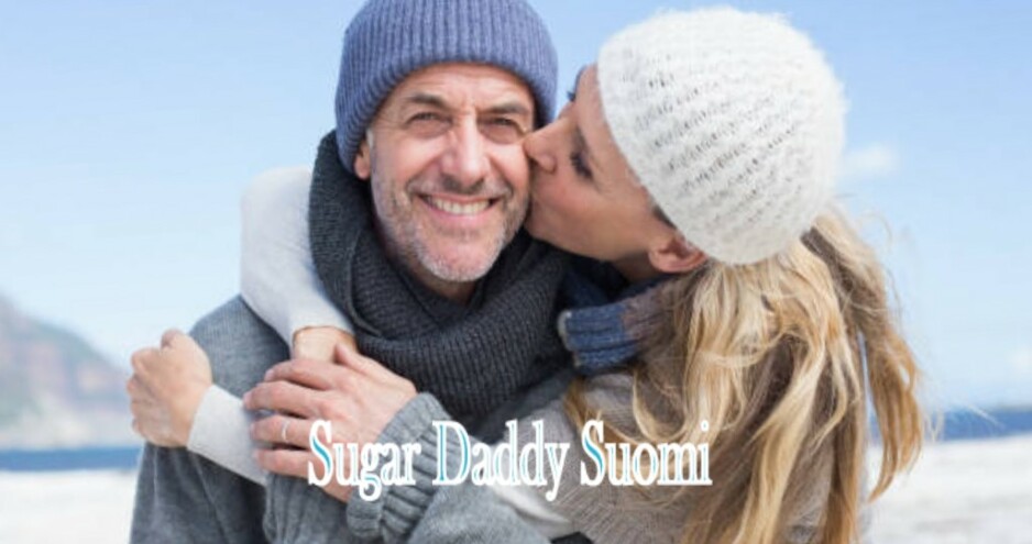 Sugar Daddy mies hymyilee hattu ja sugar baby suutelee ja halaa häntä lumessa