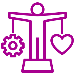 En ikonisk person med ett hjärta på ena sidan och ett kugghjul på den andra, vilket symboliserar balans