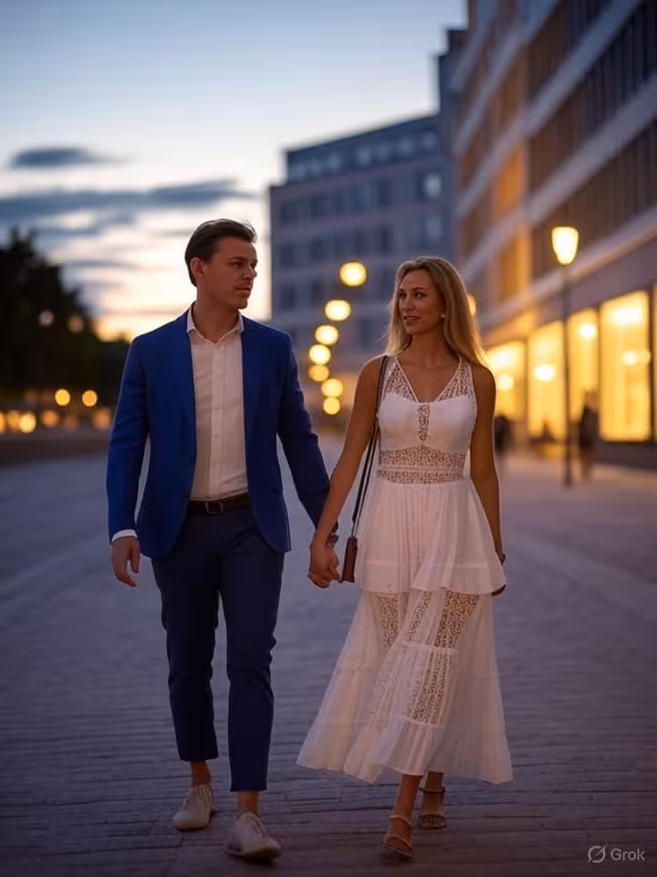 Stílhreint par á gangi á Esplanade í Helsinki á sumarkvöldi.